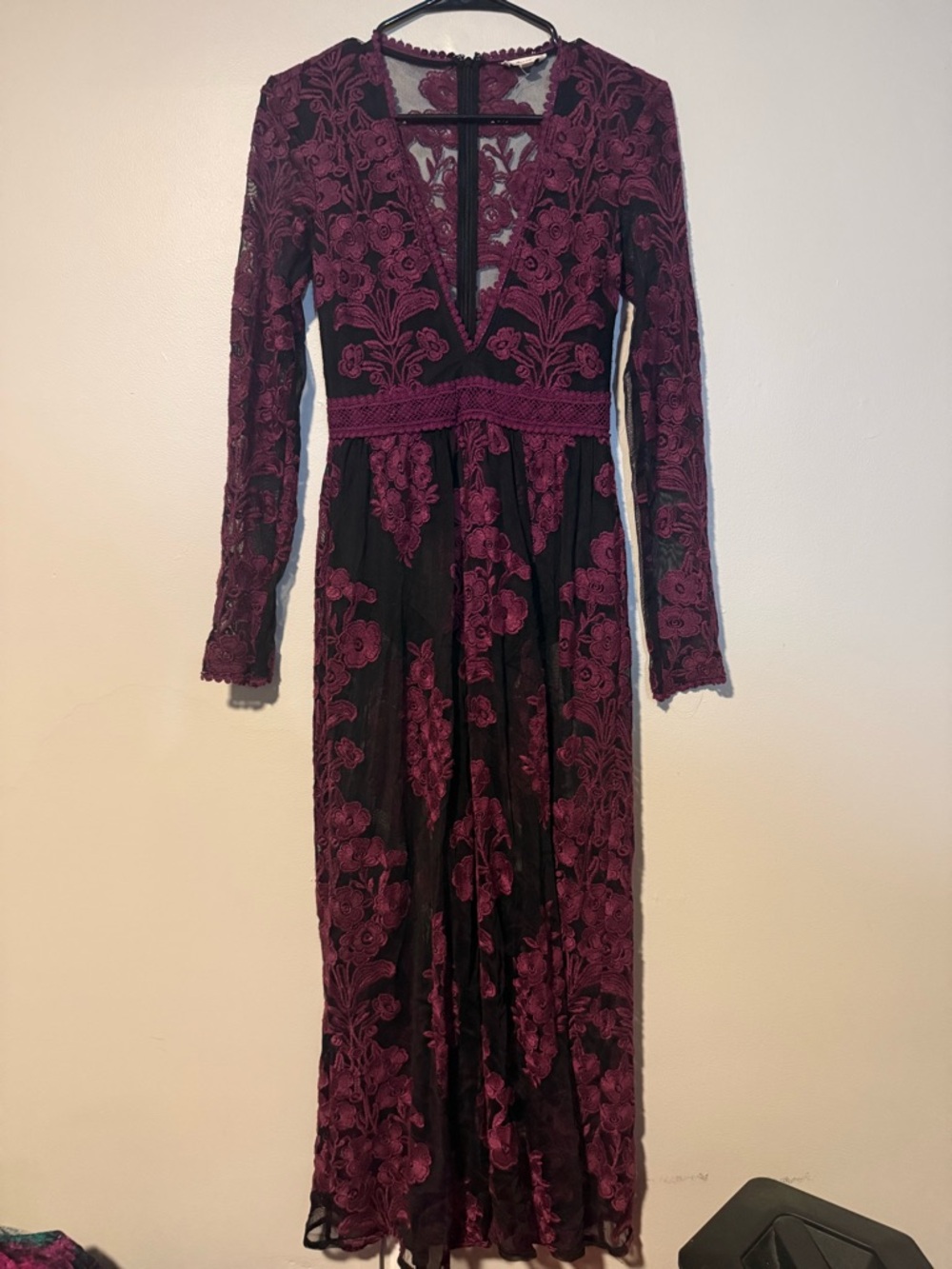 Free People Black & Burgundy Floral Lace Long Sleeve Dress